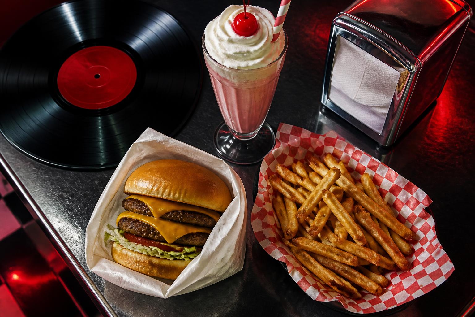 A burger, fries in a checkered tray, a shake, and a vinyl record on a black counter