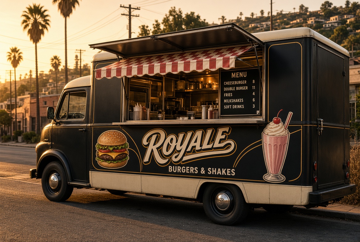 The black Royale truck at sunset with its checkered awning open